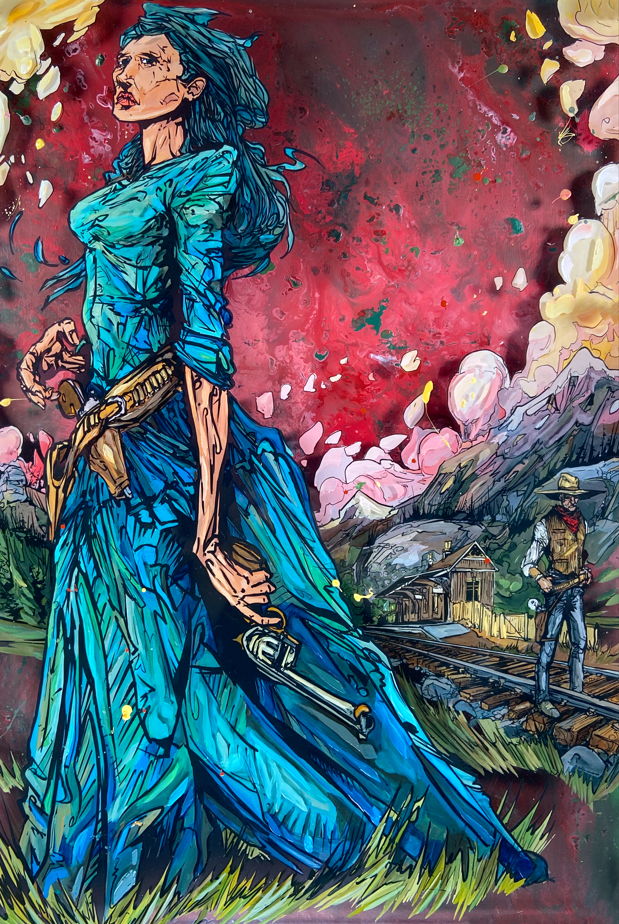 “Western cowboy gripping rifle and standing in the shadows of a colorful frontier town, painted in a comic book style – ‘Waiting on What’s Coming’ by Cody Kuehl, 20x30 inch narrative Western artwork.”