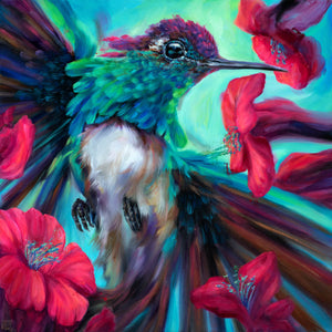 Helo’s Rivoli – A mesmerizing hummingbird painting by Ans Carnes, featuring a Rivoli’s hummingbird in flight with jewel-toned feathers, expressive brushstrokes, and a vibrant natural backdrop.