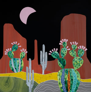 Limited edition art print titled 'Desert Moon' by Lana Nguyen, featuring a colorful Southwestern desert landscape with cacti, red rock formations, and a pink moon against a black sky. Originally created with hand-cut paper collage, this modern mixed-media artwork is a high-quality reproduction on fine Italian cotton paper, 12x12 inches, signed by the artist.