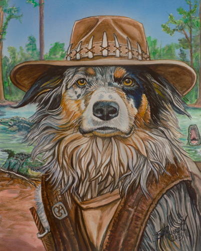 Watercolor and airbrushed painting of an Australian Shepherd in an outback cowboy hat and vest surrounded by crocodiles, by artist Ian Russell