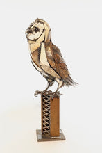 Load image into Gallery viewer, Barnstormer reclaimed metal barn owl sculpture by David Groenjes, 26-inch steel artwork handcrafted from salvaged materials, contemporary wildlife art.