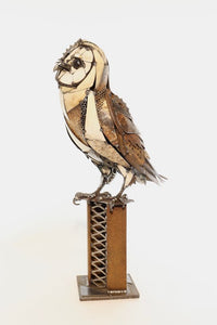Barnstormer reclaimed metal barn owl sculpture by David Groenjes, 26-inch steel artwork handcrafted from salvaged materials, contemporary wildlife art.