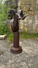 Load image into Gallery viewer, &quot;Cliffhanger&quot; reclaimed metal sculpture by David Groenjes, 69-inch tall bighorn sheep with coiled horns, crafted from salvaged steel and welded industrial parts.