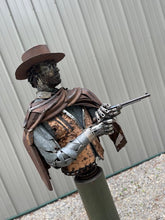 Load image into Gallery viewer, &quot;Luck of the Draw&quot; reclaimed metal sculpture by David Groenjes, 72-inch tall cowboy gunslinger bust with hat, poncho, and revolver made from salvaged steel.