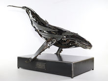 Load image into Gallery viewer, Handcrafted metal whale sculpture by David Groenjes made from reclaimed steel and mechanical components, mounted on an industrial base against a clean white background.