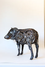Load image into Gallery viewer, Handcrafted metal javelina sculpture by David Groenjes made from reclaimed steel, gears, and saw blades, standing against a white background.