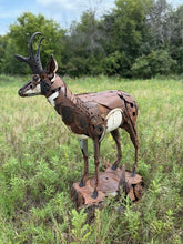 Load image into Gallery viewer, &quot;All Jacked Up&quot; reclaimed metal sculpture by David Groenjes, 69-inch tall pronghorn antelope made from salvaged steel and welded industrial parts, wildlife artwork.