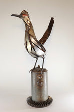 Load image into Gallery viewer, “Roadrunner reclaimed metal sculpture by David Groenjes, 28-inch steel artwork of desert bird handcrafted from salvaged materials, contemporary wildlife art.”