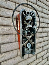 Load image into Gallery viewer, &quot;Dead Pan&quot; reclaimed metal wall sculpture by Paul Klaine, 25-inch artwork featuring skull, crossed wrenches, spark plugs, gears, and oil pressure gauge in steel frame.