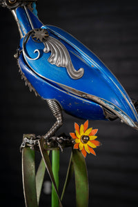 “Roadrunner reclaimed metal sculpture by Paul Klaine, 32-inch steampunk-inspired steel artwork of desert bird handcrafted from salvaged industrial materials.”