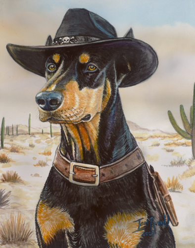 Watercolor and airbrushed painting of a Doberman wearing a black cowboy hat and leather gear in a desert landscape by artist Ian Russell