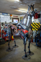 Load image into Gallery viewer, diDirty Dick – A life-sized handcrafted steampunk metal horse sculpture by Paul Klaine, featuring industrial gears, mechanical components, and a hidden drink dispenser, perfect for Western, equestrian, and steampunk decor.