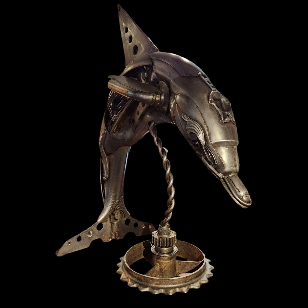 Flipper – A handcrafted steampunk metal sculpture by Paul Klaine, featuring intricate gears, mechanical elements, and a nautical-inspired design, available at Ian Russell Gallery