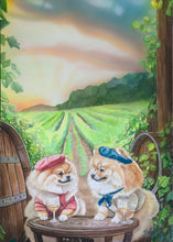 Load image into Gallery viewer, Furever Yours&quot; watercolor and airbrush painting by Ian Russell featuring two Pomeranians in berets enjoying wine at a vineyard table during sunset, whimsical dog and wine art print.