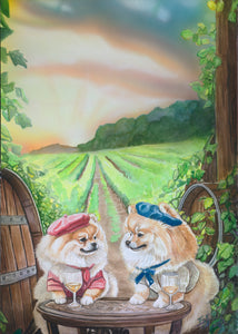 Furever Yours" watercolor and airbrush painting by Ian Russell featuring two Pomeranians in berets enjoying wine at a vineyard table during sunset, whimsical dog and wine art print.