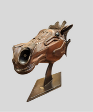 Load image into Gallery viewer, Raw Power – A handcrafted metal horse head sculpture by Paul Klaine, featuring steampunk-inspired gears, mechanical details, and a bold Western cowboy aesthetic, perfect for equestrian and industrial decor