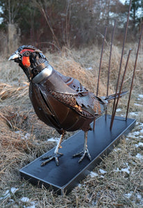 Losing Ground" – Metal pheasant sculpture by artist David Groenjes, crafted from reclaimed steel and found objects, displayed in an outdoor natural setting.