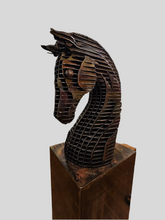 Load image into Gallery viewer, Handcrafted metal horse sculpture by John Benedict, featuring a modern industrial design with layered metal details