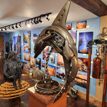 Load image into Gallery viewer, Side view of Flipper, a large metal steampunk sculpture with nautical and industrial influences, handcrafted with gears and mechanical details.