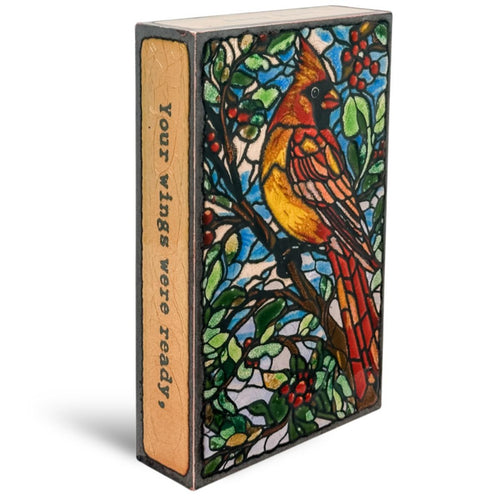 “Houston Llew Spiritile #302 Messenger from Evermore Collection, enamel on copper artwork featuring red cardinal, collectible Spiritile wall art.”