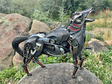 Load image into Gallery viewer, Howler Deluxe – A handcrafted steampunk metal coyote sculpture by Paul Klaine, featuring industrial gears, mechanical components, and a nature-inspired design, perfect for wildlife, steampunk, and metal art collectors.