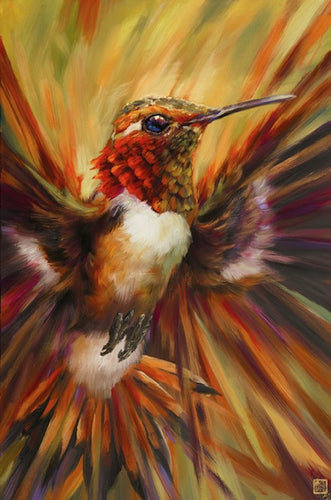 Helo’s Alacrity – A vibrant hummingbird wall art painting by Ans Carnes, featuring a colorful hummingbird in flight with expressive brushstrokes and bright botanical elements.