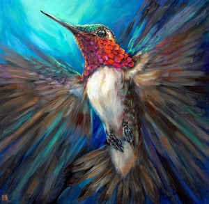 A vibrant hummingbird wall art painting by Ans Carnes, featuring a colorful hummingbird in motion among desert flowers, blending realism with expressive brushstrokes.