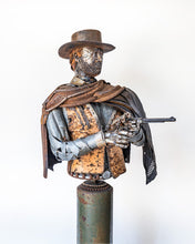 Load image into Gallery viewer, &quot;Luck of the Draw&quot; reclaimed metal sculpture by David Groenjes, 72-inch tall cowboy gunslinger bust with hat, poncho, and revolver made from salvaged steel.