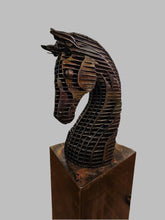 Load image into Gallery viewer, Handcrafted metal horse sculpture by John Benedict, featuring a modern industrial design with layered metal details