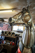 Load image into Gallery viewer, Paul Klaine’s signature on Dirty Dick, a handcrafted life-sized steampunk metal horse sculpture with intricate mechanical details