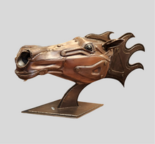 Load image into Gallery viewer, Side view of Raw Power, a metal horse head sculpture with steampunk and cowboy influences, perfect for Western or equestrian decor.