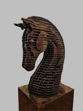 Load image into Gallery viewer, Handcrafted metal horse sculpture by John Benedict, featuring a modern industrial design with layered metal details