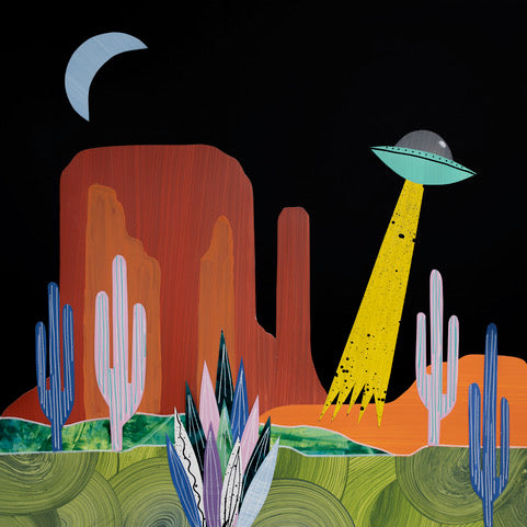 Limited edition art print titled 'Desert Encounter' by Lana Nguyen, featuring a colorful Southwestern desert landscape with towering red rock formations, cacti, and a UFO beaming light under a crescent moon. Originally created with hand-cut paper collage, this modern mixed-media artwork is a high-quality reproduction on fine Italian cotton paper, 12x12 inches, signed by the artist.