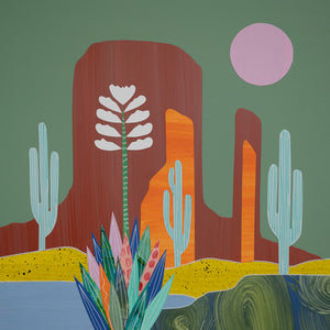 Limited edition art print titled 'Desert Moon' by Lana Nguyen, featuring a colorful Southwestern desert landscape with cacti, red rock formations, and a pink moon against a sage sky. Originally created with hand-cut paper collage, this modern mixed-media artwork is a high-quality reproduction on fine Italian cotton paper, 12x12 inches, signed by the artist.