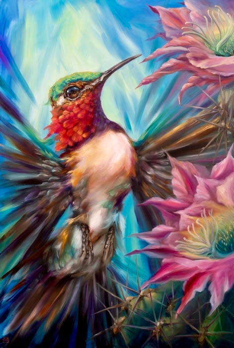 A colorful hummingbird painting by Ans Carnes, featuring a bright hummingbird in flight among desert flowers with expressive brushstrokes