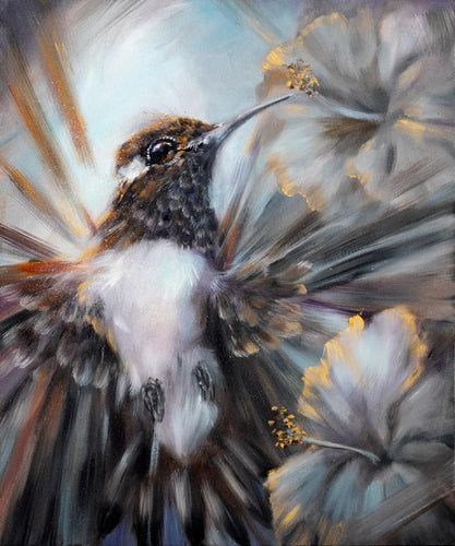 Helo’s Hibiscus – A striking black-and-white hummingbird painting by Ans Carnes, featuring a hummingbird in motion near a hibiscus flower, rendered in grayscale tones with expressive detail.