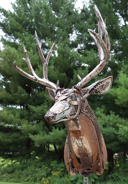 Never Look Back – Metal deer head sculpture by David Groenjes, handcrafted from reclaimed steel with a rustic patina, available at Ian Russell Gallery in Prescott, AZ