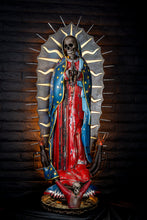 Load image into Gallery viewer, &quot;Our Lady Deluxe&quot; reclaimed metal sculpture by Paul Klaine, 6-foot tall skeletal Virgin Mary figure with painted robes, radiant steel halo, and skeletal cherub base.