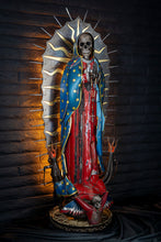 Load image into Gallery viewer, &quot;Our Lady Deluxe&quot; reclaimed metal sculpture by Paul Klaine, 6-foot tall skeletal Virgin Mary figure with painted robes, radiant steel halo, and skeletal cherub base.