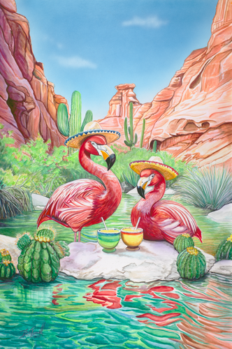 Whimsical Southwest painting of sombrero-wearing flamingos drinking cocktails in a desert canyon oasis by artist Ian Russell
