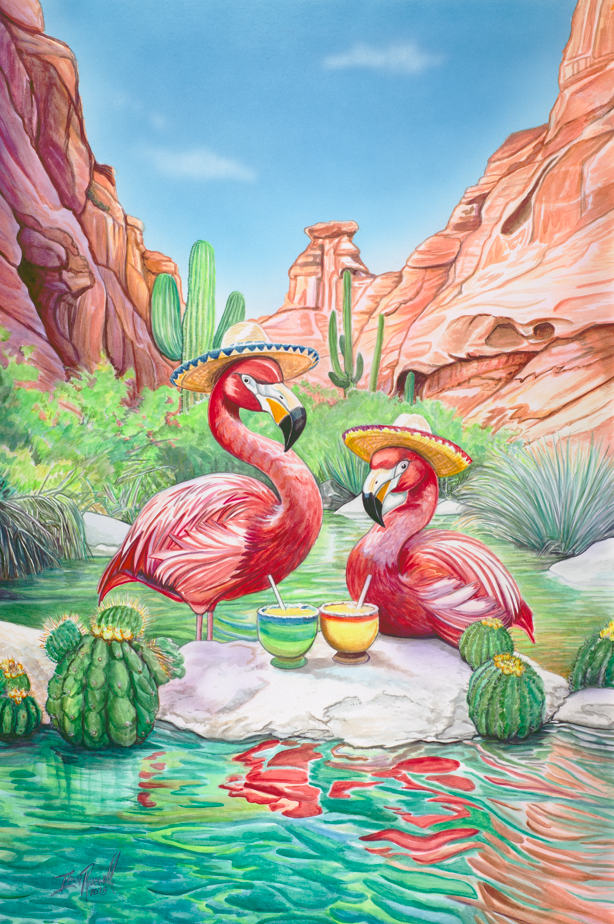 Whimsical Southwest painting of sombrero-wearing flamingos drinking cocktails in a desert canyon oasis by artist Ian Russell