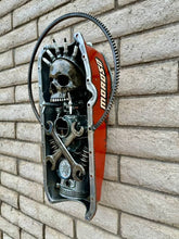 Load image into Gallery viewer, &quot;Dead Pan&quot; reclaimed metal wall sculpture by Paul Klaine, 25-inch artwork featuring skull, crossed wrenches, spark plugs, gears, and oil pressure gauge in steel frame.