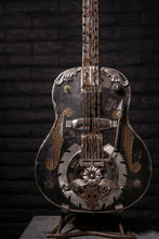 Load image into Gallery viewer, Spanish Ripper&quot; reclaimed metal guitar sculpture by Paul Klaine, 56-inch tall steel artwork featuring chains, barbed wire, gears, and saw blade design, industrial contemporary art piece.
