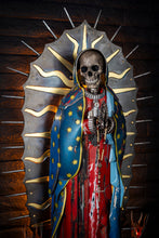 Load image into Gallery viewer, &quot;Our Lady Deluxe&quot; reclaimed metal sculpture by Paul Klaine, 6-foot tall skeletal Virgin Mary figure with painted robes, radiant steel halo, and skeletal cherub base.