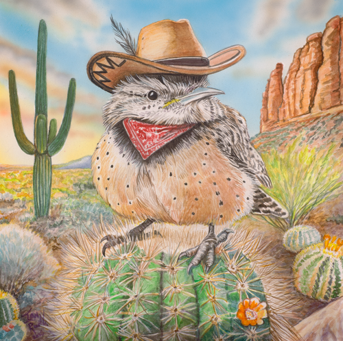 Whimsical watercolor painting of a cactus wren wearing a cowboy hat and bandana, perched on a cactus in the Arizona desert by artist Ian Russell