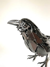 Load image into Gallery viewer, &quot;Ebony&quot; reclaimed metal sculpture by David Groenjes, 12-inch tall raven with layered steel feathers, crafted from salvaged industrial materials.