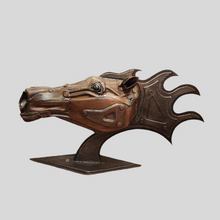 Load image into Gallery viewer, Raw Power – A handcrafted steampunk metal horse head sculpture by Paul Klaine, featuring industrial gears and Western-inspired details