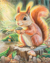 Load image into Gallery viewer, &quot;This Nut Is For You&quot; watercolor and airbrush painting by Ian Russell featuring a red squirrel holding an acorn on a sunlit tree stump in a forest, whimsical wildlife art print.
