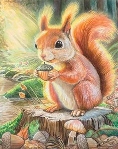 "This Nut Is For You" watercolor and airbrush painting by Ian Russell featuring a red squirrel holding an acorn on a sunlit tree stump in a forest, whimsical wildlife art print.
