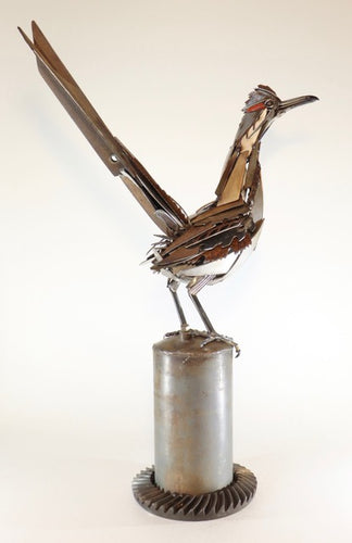 “Roadrunner reclaimed metal sculpture by David Groenjes, 28-inch steel artwork of desert bird handcrafted from salvaged materials, contemporary wildlife art.”